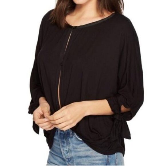 Free People Keepin On Tie Sleeve Top Blouse Black - Picture 12 of 12